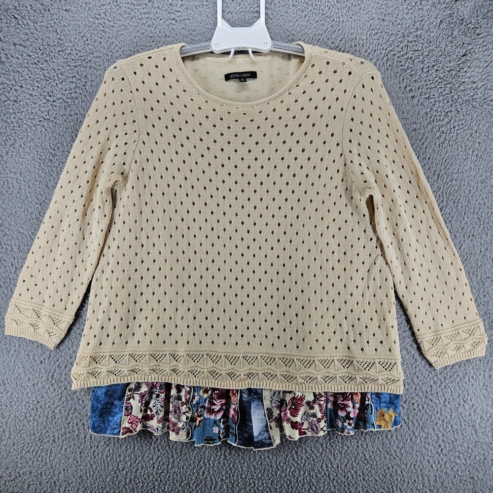 John Mark Womens Beige Pointelle Knit Mixed Media Floral Ruffle Hem Sweater S